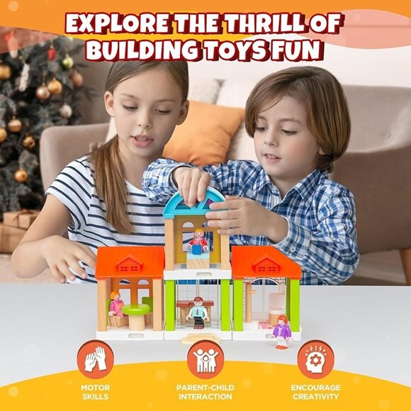 New 42-Piece Small Wooden Dollhouse Set, 4-Room Family Toy House with 4 Doll - Picture 3 of 8